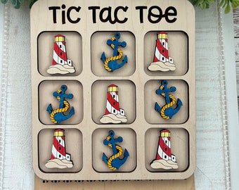 Lighthouse anchor  hand painted wood tic tac toe board beach