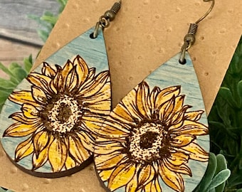Boho hand painted sunflower wood dangle earrings