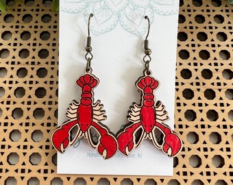 Lobster hand painted lightweight wood dangle drop lightweight earrings