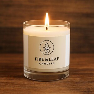 Decorative Scented Candle with Elegant Logo and Floral Touch – Fire & Leaf Design – Aesthetic Gift, Home Accent
