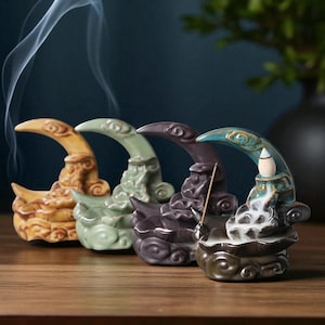 Creative Moon Incense Burner | Waterfall Ceramic Censer | Lotus Incense Holder | Zen Handicraft Decor | Meditation Room Ornament