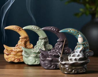 Creative Moon Incense Burner | Waterfall Ceramic Censer | Lotus Incense Holder | Zen Handicraft Decor | Meditation Room Ornament