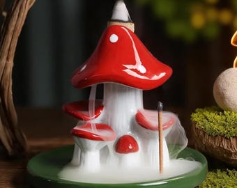 Mushroom Backflow Incense Burner | Waterfall Smoke Censer | Cone & Stick Holder | Fairy Home Decor | Zen Aromatherapy Gift