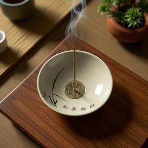 May include: A white ceramic incense holder with a gold coin in the center, holding a lit incense stick. The holder has black floral designs and Chinese characters. The incense is emitting a thin stream of smoke. The holder sits on a wooden tray.