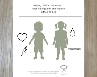 Può includere: Una stampa bianca intitolata "Emotion Body Sensation Mapping Kit" con testo e illustrazioni. Il kit include sagome di bambini e simboli come un cuore, un fulmine e una goccia d'acqua. Il testo in basso recita "24 pagine stampabili per bambini."