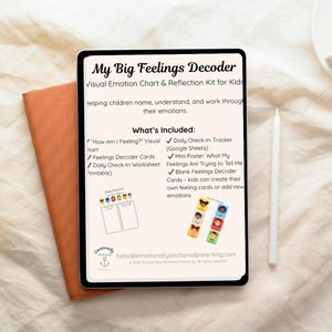 May include: A digital tablet displays "My Big Feelings Decoder" with a visual emotion chart and reflection kit for kids. The tablet is next to an orange notebook and a white stylus. The kit includes visual charts, decoder cards, and a daily check-in worksheet.