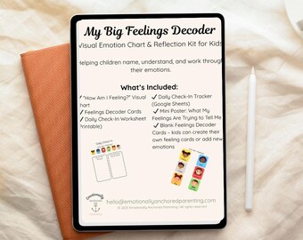 May include: A digital tablet displays "My Big Feelings Decoder" with a visual emotion chart and reflection kit for kids. The tablet is next to an orange notebook and a white stylus. The kit includes visual charts, decoder cards, and a daily check-in worksheet.