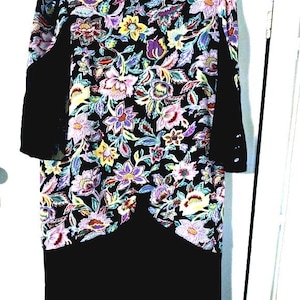 Vintage 1980s floral and black pleated evening dress. Vintage Clothing by VintageTwists.
