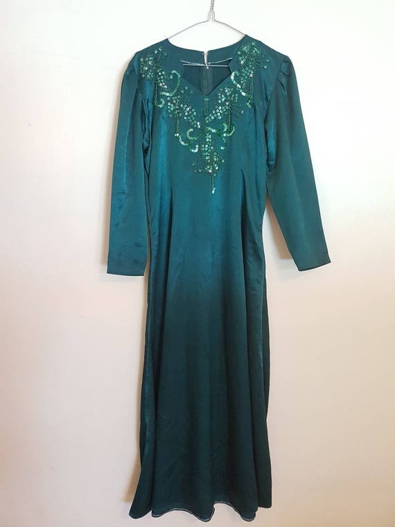 Vintage 1950s emerald green satin long-sleeved beaded… - Gem