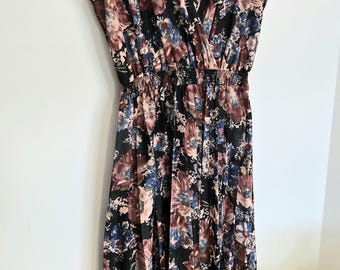 Vintage 1980s sheer floral dress: black and pink, pleated, size 12