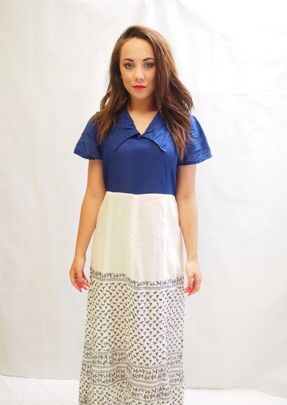 Vintage 1970's blue & white cotton maxi day dress