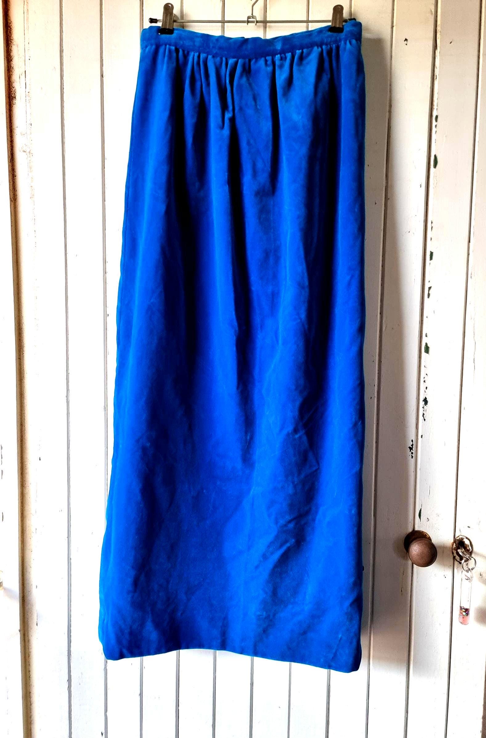 Vintage 1970s electric blue velvet maxi pencil skirt. Vintage Clothing by VintageTwists.