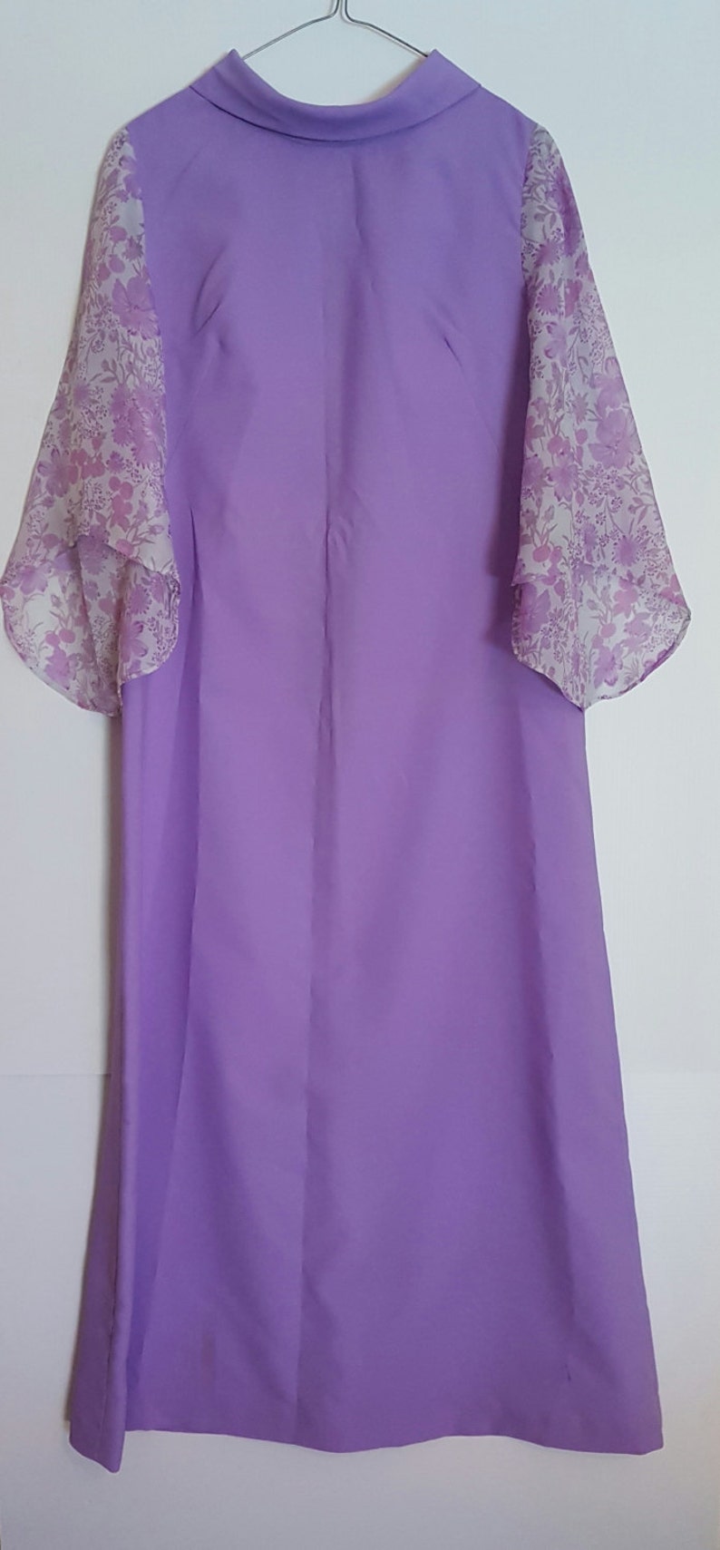 Vintage 1970s lilac purple mauve maxi dress with floral sheer sleeves image 2