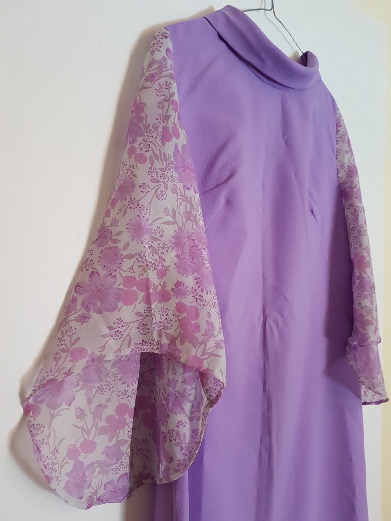 Vintage 1970s lilac purple mauve maxi dress with floral sheer sleeves image 1