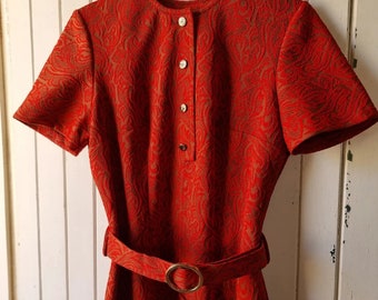 Vintage 1960s Handmade Red Day Dress with Belt - Size Small