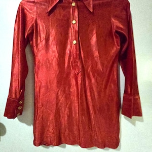 Vintage 1970s red shiny gender neutral disco shirt with gold buttons Vintage Clothing by VintageTwists.