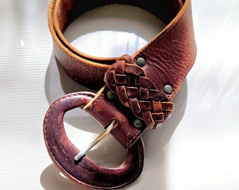 Vtg 80s Olsen Europe Leather Belt Sz M Brown Country Boho 