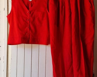 Vintage 1980s two-piece raw silk pants suit. Handmade, high waist pants, and cropped waistcoat top. Vintage Clothing by VintageTwists