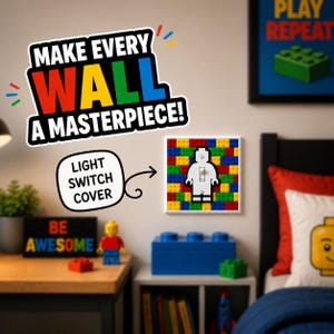 Ljusbrytarskydd för minifigur till byggklossar - Färgglad LEGO-inspirerad bakgrund - Enkel vippknapp/vippknapp