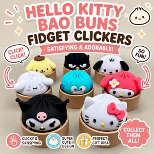 Może przedstawiać: Kolekcja ośmiu zabawek typu fidget clicker w kształcie bułeczek bao z postaciami Hello Kitty, każda umieszczona w małym okrągłym pojemniku w kolorze opalenizny. Postacie obejmują Hello Kitty, Kuromi, My Melody, Cinnamoroll, Pompompurin i inne.