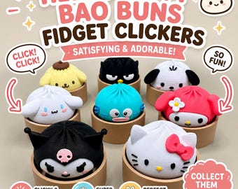 Hello Kitty Dumpling Fidget Clickers - Cute Kawaii Bao Bun Clickers | Large Sensory Clicker | Party Favor Gifts | Optional Keychain