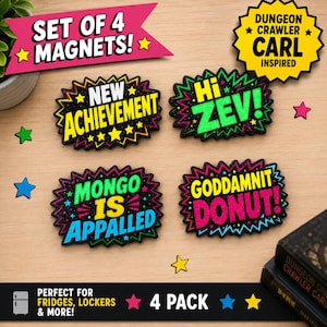 May include: A set of four black glittery magnets with jagged comic-style borders. The magnets feature the text: NEW ACHIEVEMENT, Hi ZEV!, MONGO IS APPALLED, and GODDAMNIT DONUT!. The set includes a pink banner reading SET OF 4 MAGNETS! and a yellow starburst.