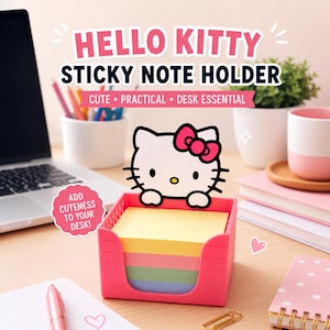 May include: A pink Hello Kitty sticky note holder containing a stack of multi-coloured sticky notes. The holder features a Hello Kitty design and the text "Hello Kitty Sticky Note Holder". The image also includes the text "Cute, Practical, Desk Essential".