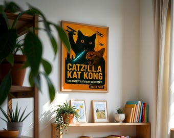 Cat Movie Poster Catzilla Vs Kat Kong Whimsical Parody Funny Digital Download Parody Godzilla King Kong Orange horror film monsters wall art