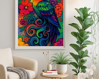Hummingbird Wall Art Poster Digital Download with psychedelic rainbow flowers, great birthday or holiday gift