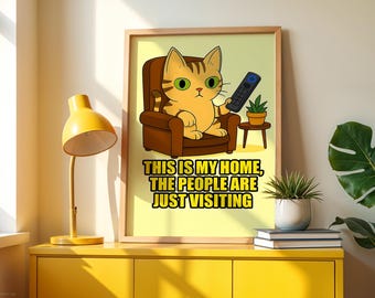 Funny Tabby Cat Poster Print Whimsical Digital Download Wall Art Yellow Frameable Cute Cats Spoof Parody Decor