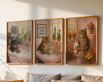 Funny Bathroom Cat Poster Print set of 3 digital downloads, Wash Your Paws, decor artwork wall art whimsical cute cats