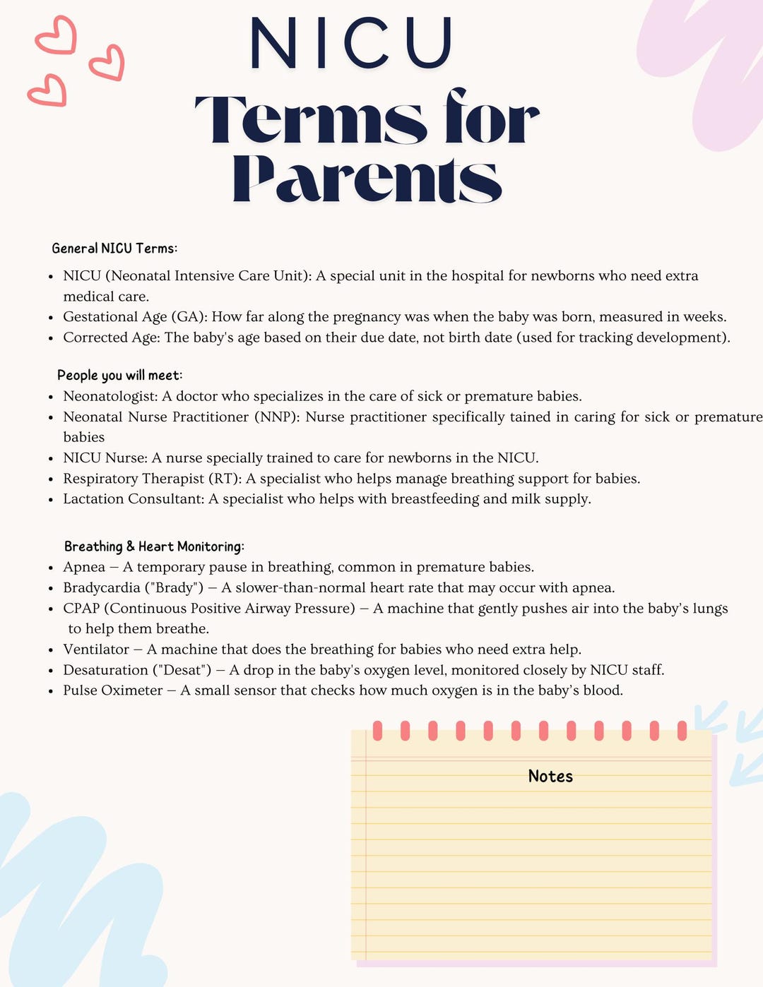 NICU Medical Terms Guide for Parents Educational Printable for