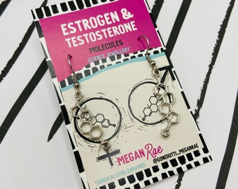 Estrogen & Testosterone Silver Molecule Earrings | male female hormone molecule chemistry science doctor nurses chemistry lovers