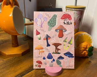 FUNgi peach pink art print A5 WITH timber stand.Gift for garden lover, scientist, fungi mushroom