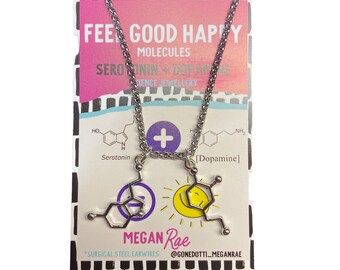 Serotonin & Dopamine Charm Molecule Necklace | Feel good happy Science Jewellery chemistry happiness molecule for teacher doctor nurse nerd