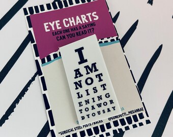 Eye chart brooch pin/ Snellen eye chart traditional white with black letters, happy optometrist gift eye doctor choose from 10 sayings