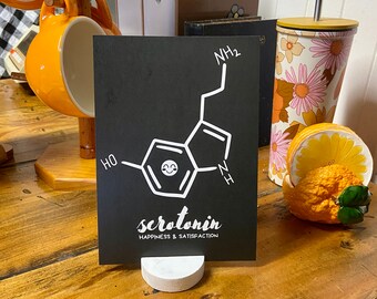 SEROTONIN Molecule Print Black A5 WITH timber stand.Need some happiness & satisfaction?Quirky science art for office home gift for chemist