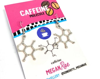 Caffeine Silver Molecule Earrings | Coffee, tea caffeine lover science chemistry jewellery for teacher geek nerd doctor nurse barista