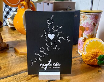 OXYTOCIN Molecule Print Black A5 WITH timber stand CUDDLE Chemical! Quirky science art for office home gift for chemist midwife birth love