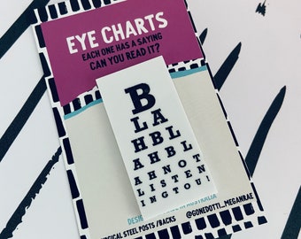 Eye chart brooch pin/ Snellen eye chart traditional white with black letters, happy optometrist gift eye doctor choose from 10 sayings