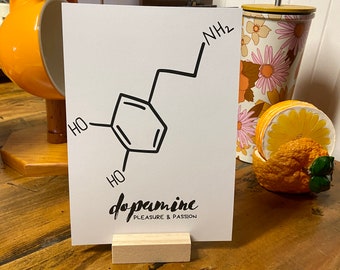 DOPAMINE Molecule Print White A5 WITH timber stand.Need some passion and pleasure?Quirky science art for office home gift for chemist