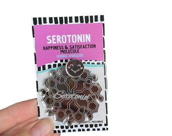 Serotonin Silver Mirror Brooch | Feel good happy science Jewellery chemistry happiness molecule for teacher doctor nurse nerd chemist