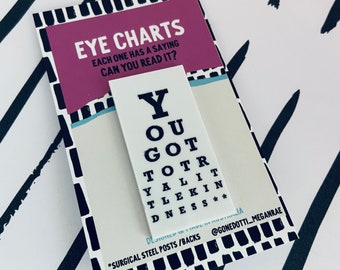 Eye chart brooch pin/ Snellen eye chart traditional white with black letters, happy optometrist gift eye doctor choose from 10 sayings