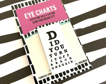 Eye chart brooch pin/ Snellen eye chart traditional white with black letters, happy optometrist gift eye doctor choose from 10 sayings