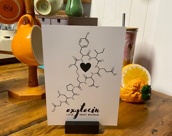 OXYTOCIN Molecule Print White A5 WITH timber stand CUDDLE Chemical! Quirky science art for office home gift for chemist midwife birth love