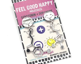 Serotonin and Dopamine Feel Good Silver Mirror Acrylic Molecule Earrings|Happiness Satisfaction science chemistry lover jewellery teacher