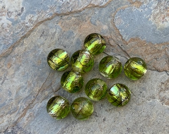 Green Foil Lined Glass Round Beads, 12mm, 10 beads per package