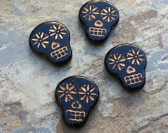 Sugar Skull Beads, Black and Gold, 20 X 16mm