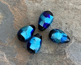 Teardrop Silver Foil Beads, Blue, Handmade, 18 x 12mm, 4 Beads per package