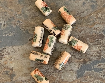 Chinoiserie Porcelain Tube Beads: Peony Flower Design (10 beads)